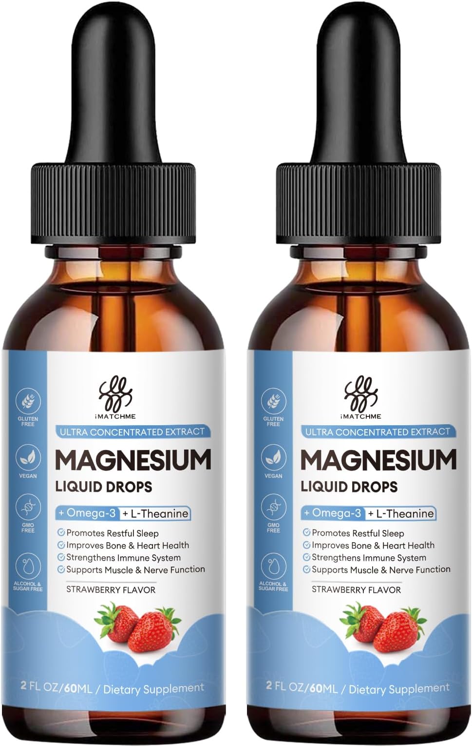 (2 Pack) Magnesium Glycinate Liquid Drop with Citrate, Oxide and Taurate, Calm Magnesium with Omega3, L-Theanine, D3, B6, B12 for Calm, Sleep, Leg Cramps, Muscles, Energy, Sugar-Free Strawberry Flavor