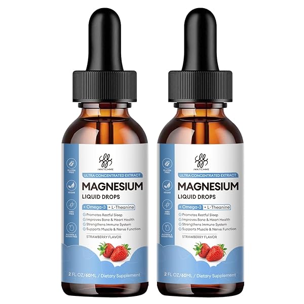 (2 Pack) Magnesium Glycinate Liquid Drop with Citrate, Oxide and Taurate, Calm Magnesium with Omega3, L-Theanine, D3, B6, B12 for Calm, Sleep, Leg Cramps, Muscles, Energy, Sugar-Free Strawberry Flavor