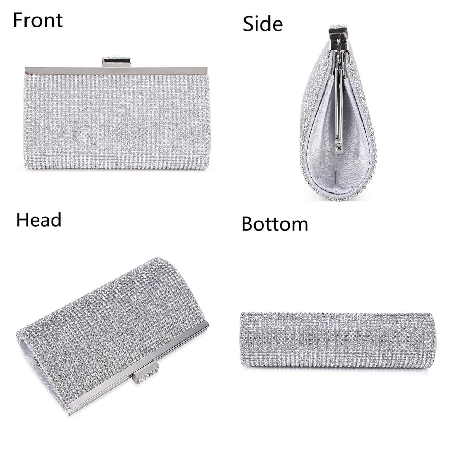 BAIGIO Pochette Donna Elegante Argento Strass Clutch Cerimonia Borsetta da Sera per Matrimonio Party Cocktail