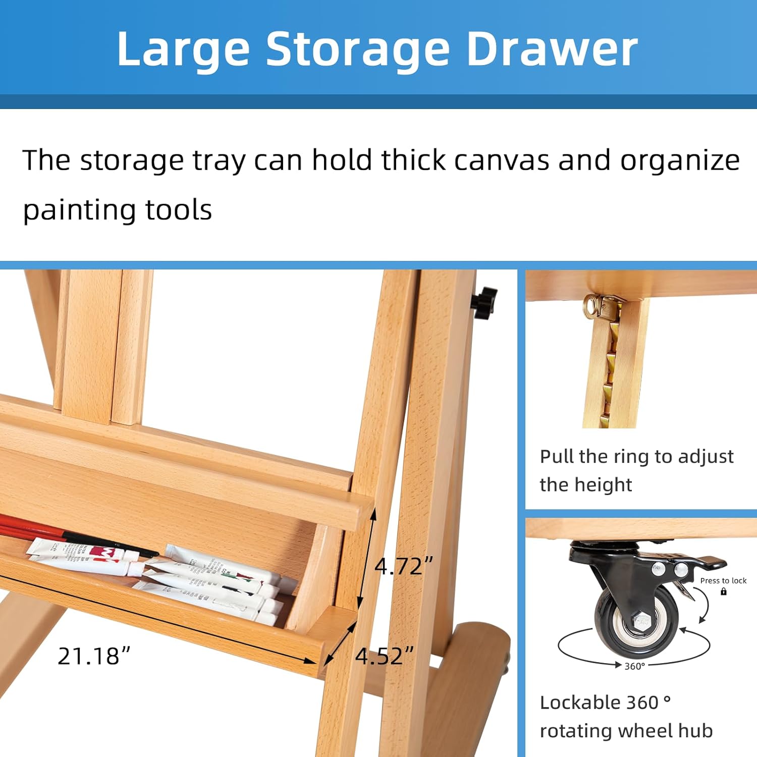 Falling in Art Extra Large H-Frame Studio Easel, Solid Beechwood Artist Easel with Storage Tray, Adjustable Canvas Holder Stand with Rolling Wheels for Painting Adult