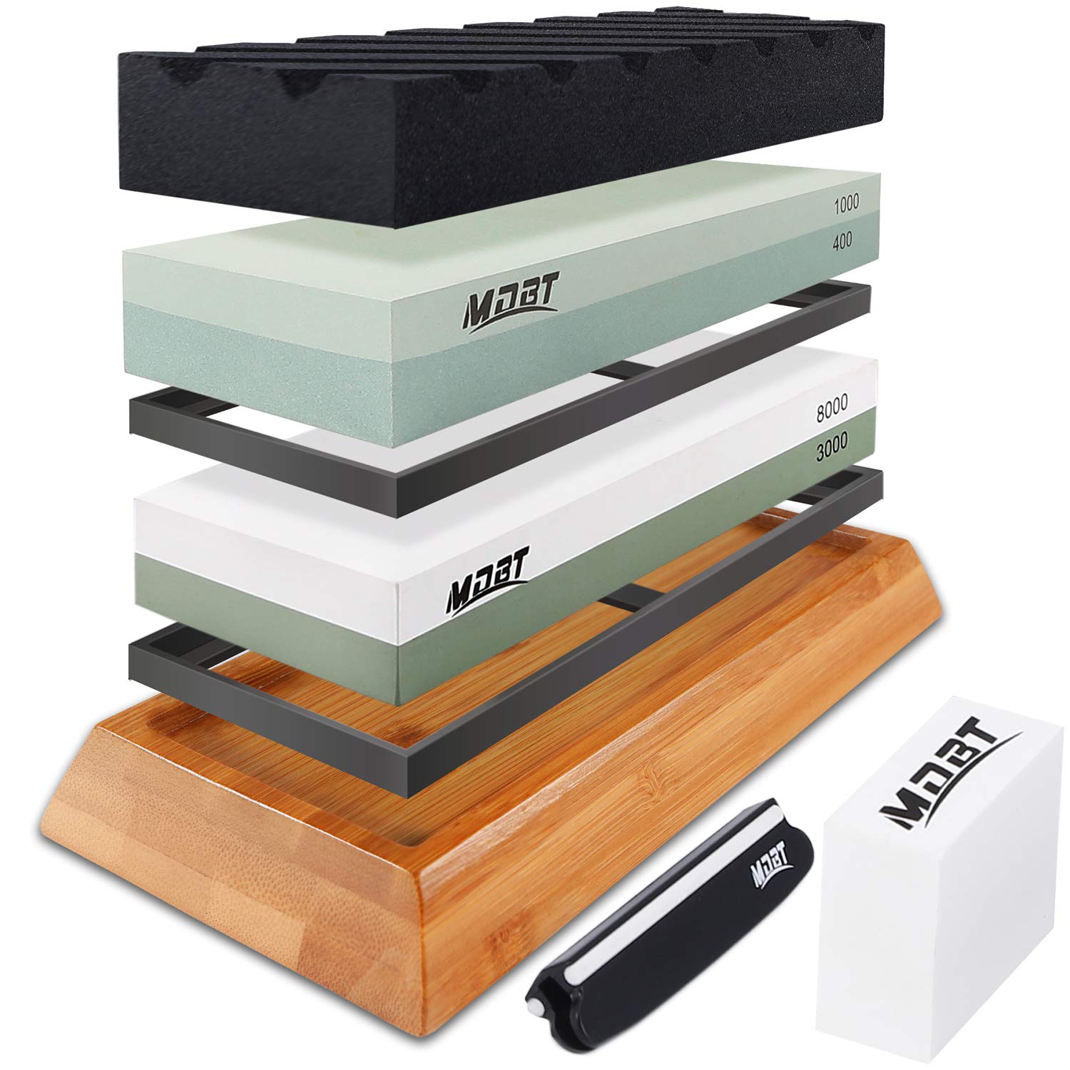 Knife Sharpening Stone Kit Professional Whetstone Sharpener Stone Set Knife Sharpening Stone Set - Premium 400/1000 3000/8000 Grit Water Stone with Flatting Stones, Non-slip Bamboo Base, Angle Guide