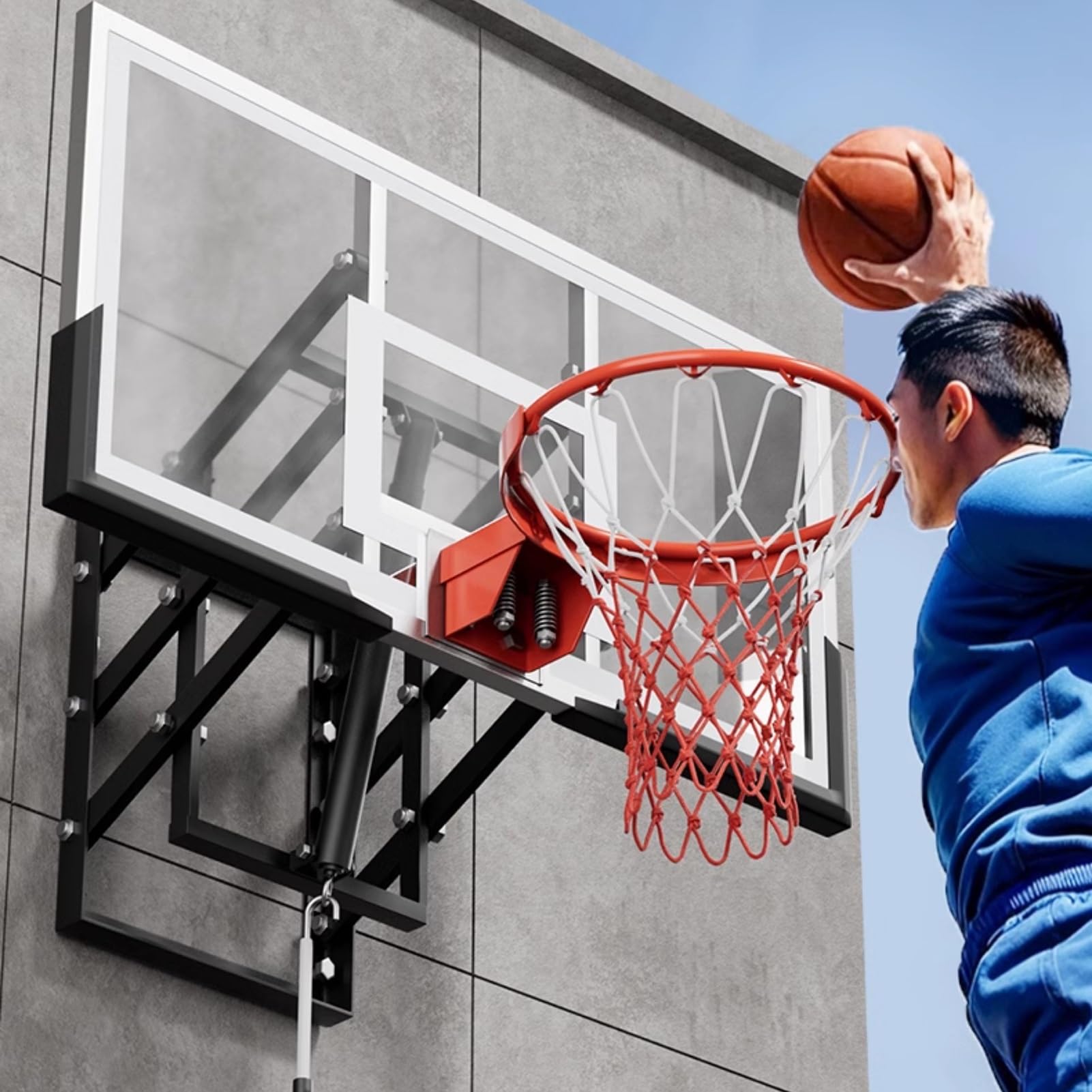 Wall Mount Heavy Duty Tempered Glass Backboard 70 Inch, with Vertical Lifting with Double Rails Basketball Backboard and Rim, Outdoor Wall Mount Basketball Hoop for Gyms Garages Schools