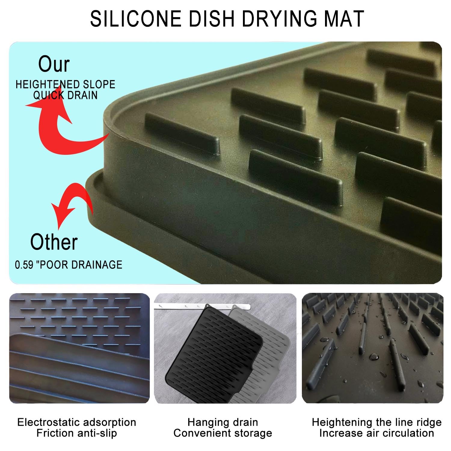 Silicone Dish Drying Mat With Drain Lip & Slope - Non-Slip, Heat-Resistant Kitchen Counter Mat, 15.8x12.5"