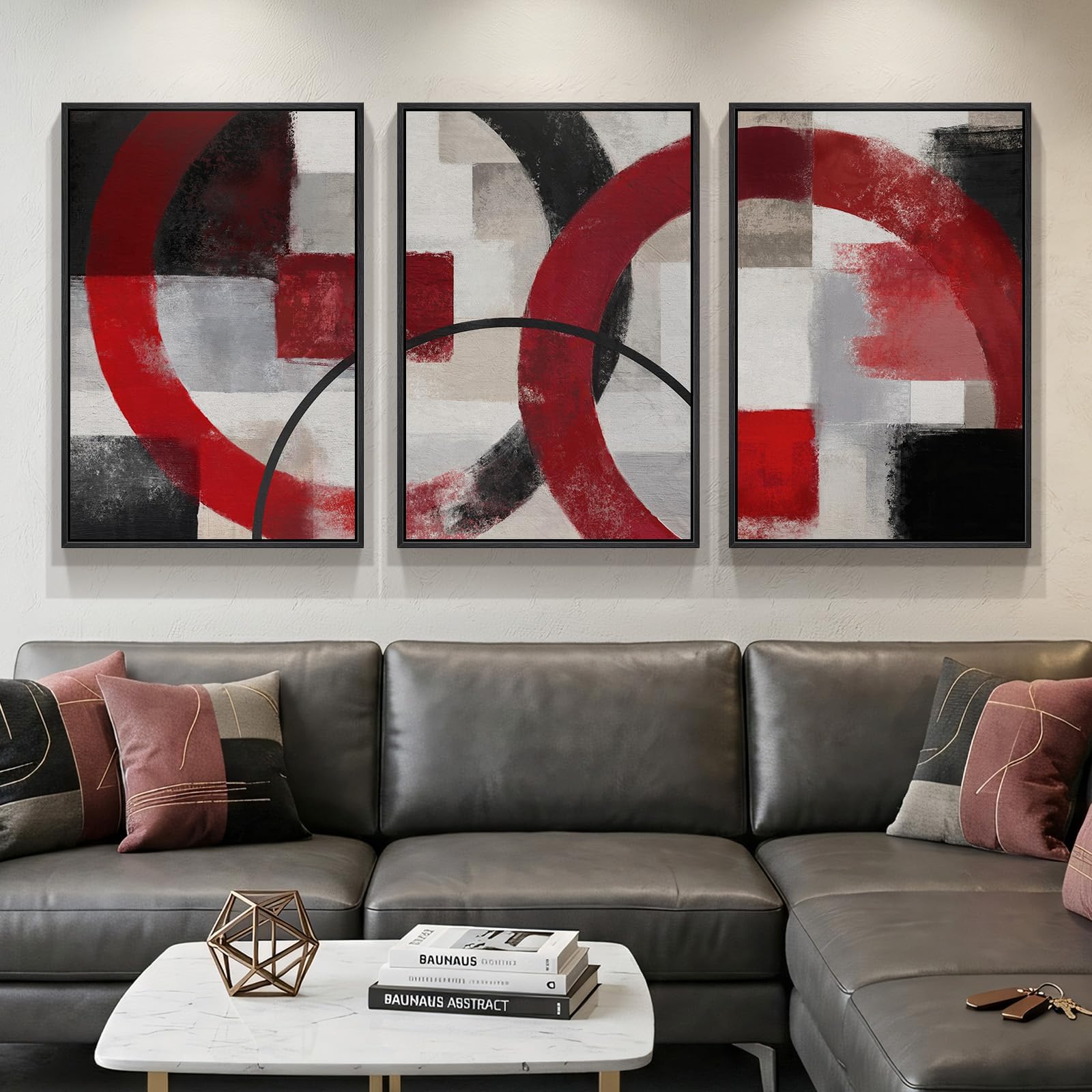 Large Framed Red Black White Abstract Wall Art for Living Room, Set of 3 Modern Canvas Prints Paintings Artwork for Walls, Red Black Geometric Pictures for Bedroom Hallway Office Wall Decor 24x36 In