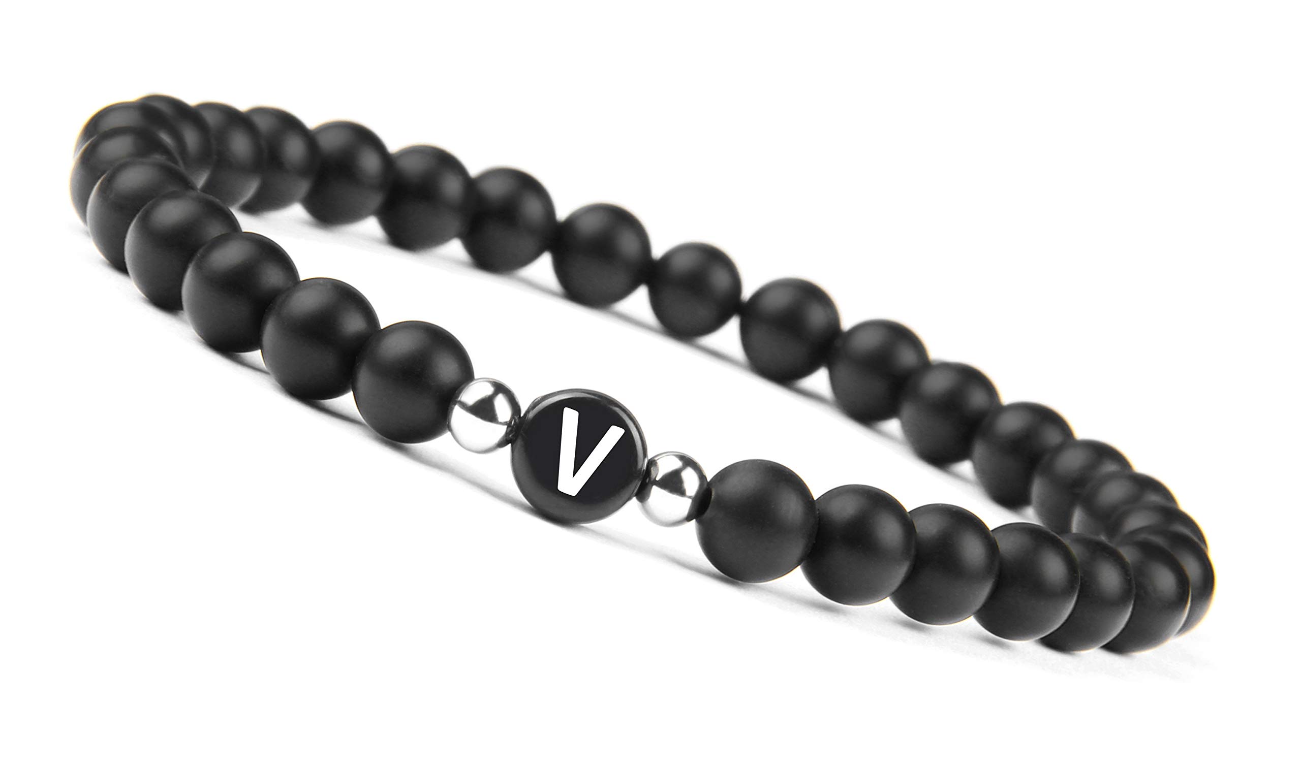 Initial Bracelet for Men and Woman | Black Onyx 6mm beads with Letter | Relationship Jewelry for Couples
