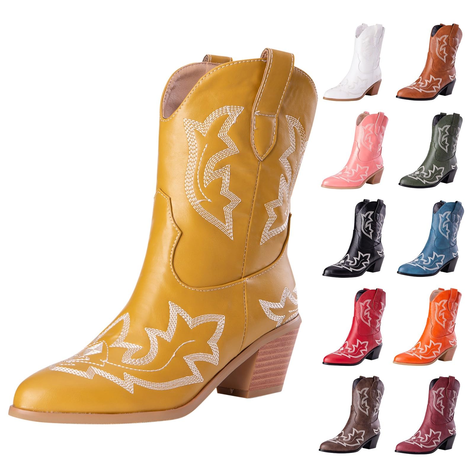 Stivali da donna a metà polpaccio da cowboy western, classici vintage, ricamati, tacco a blocco, in pelle PU, stivali da donna in stile country equitazione western scarpe da sposa, Giallo, 41 EU