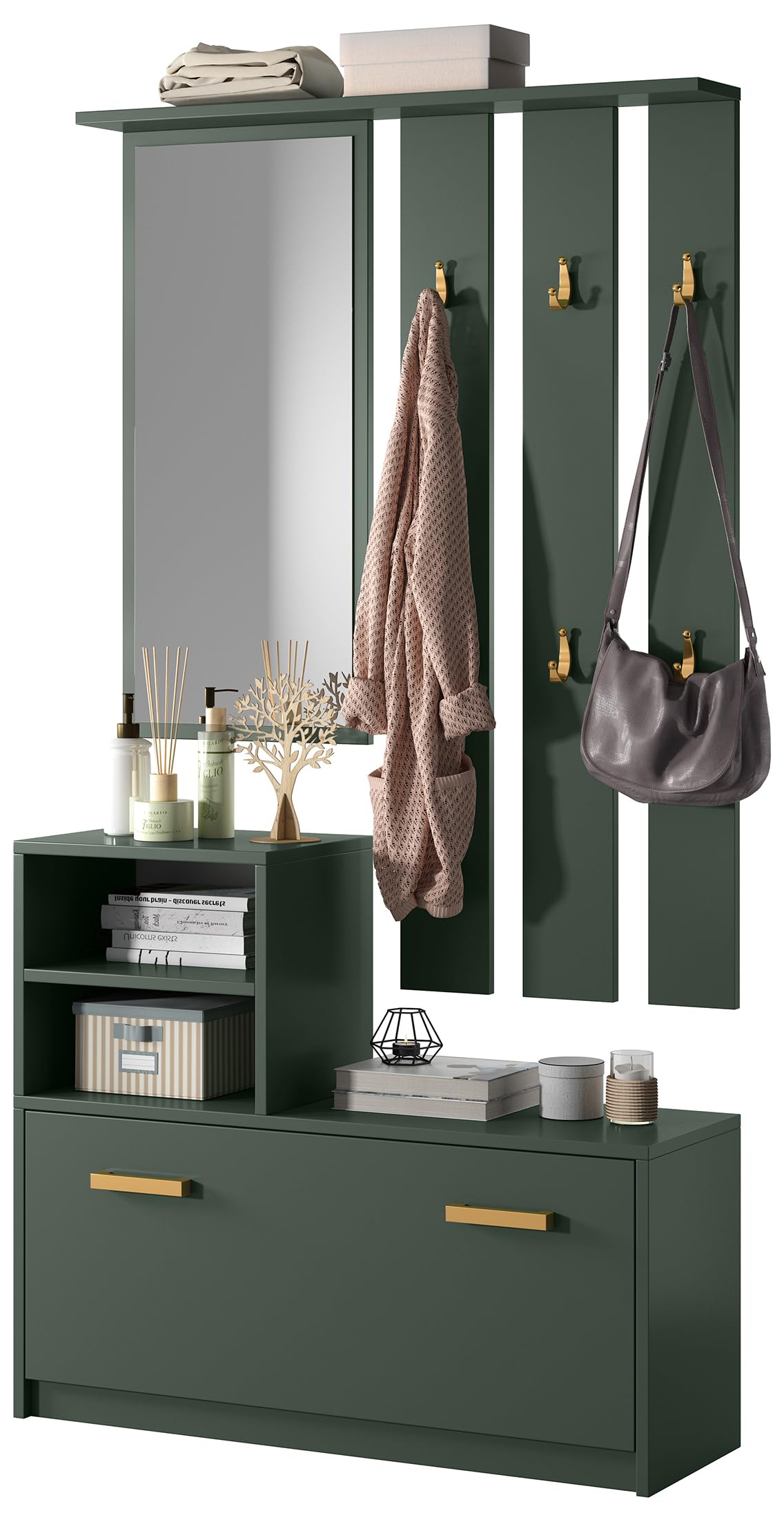 Selsey Flurgarderoben Set Garderobe Flur Wandgarderobe Garderobenpaneel Schuhregal Spiegel Regal Garderobenset Flaschengrün Mit Goldenen Griffen Yesfir