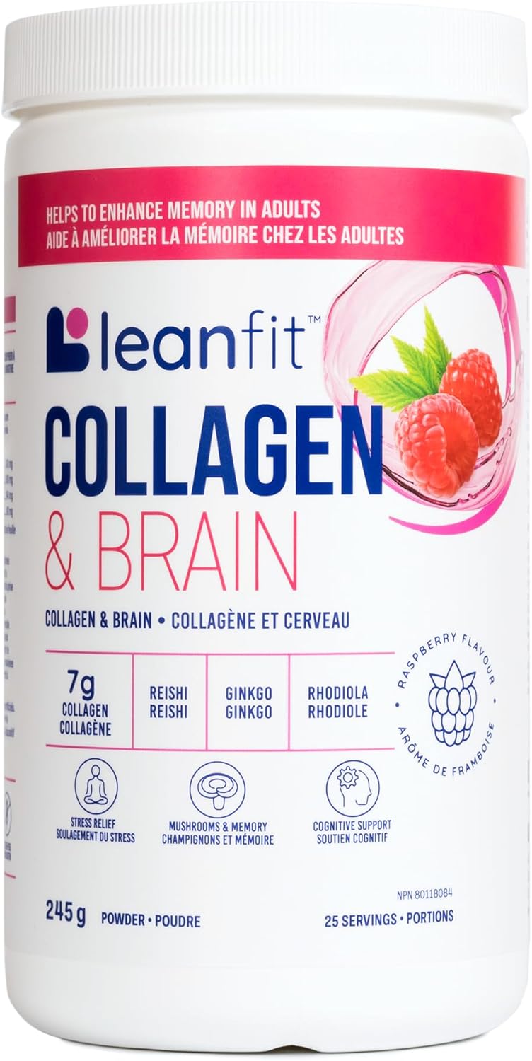 LEANFIT COLLAGEN & BRAIN™ Raspberry – 7g Collagen + Reishi + Ginkgo + Rhodiola – Enhances Memory & Cognitive Function in Adults – 25 Servings, 245g tub LEANFIT COLLAGEN & BRAIN™ Raspberry – 7g Collagen + Reishi + Ginkgo + Rhodiola – Enhances Memory & Cognitive Function in Adults – 25 Servings, 245g tub