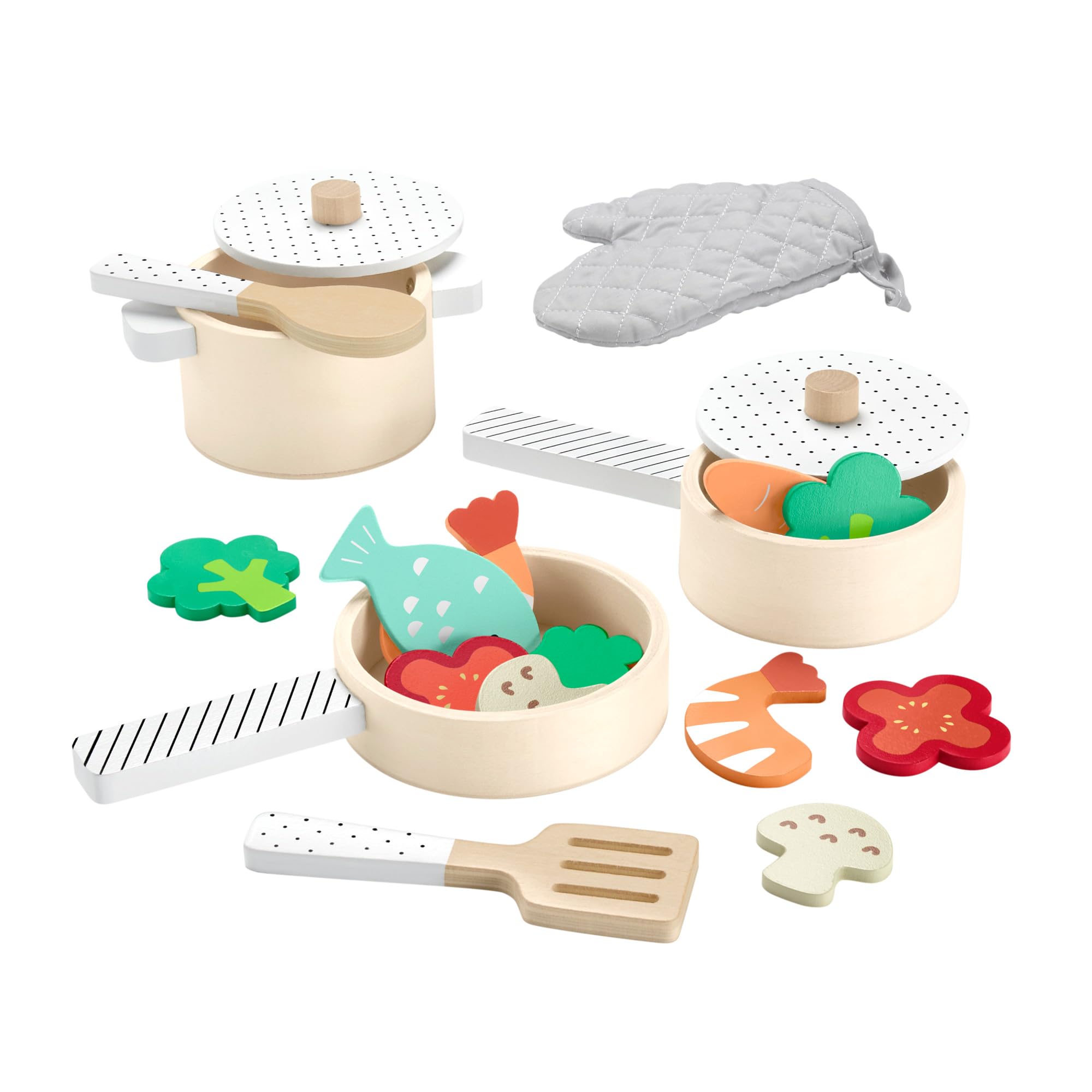 Fisher-Price Maluch gotuje Zestaw drewnianych zabawek 19 elementów, dla dzieci od 3 roku życia, HXT83