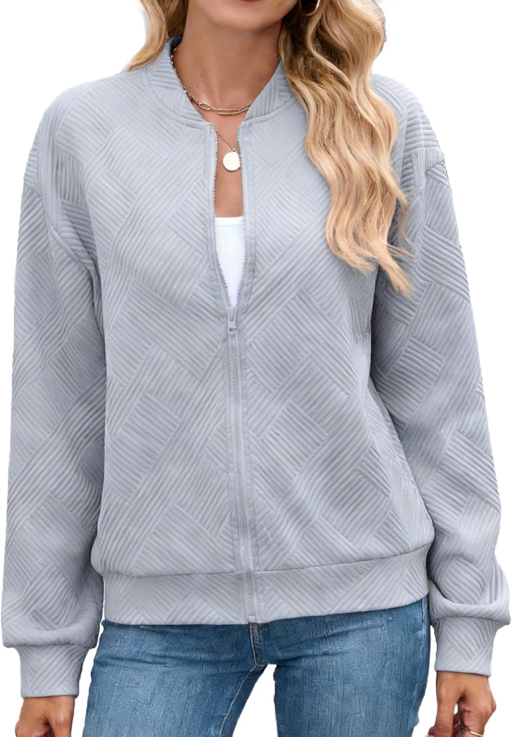 Schine Women's Lightweight Textured Bomber Jacket - Zip Front Crew Neck Loose Fit Long Sleeve Comfortable Casual Outerwear