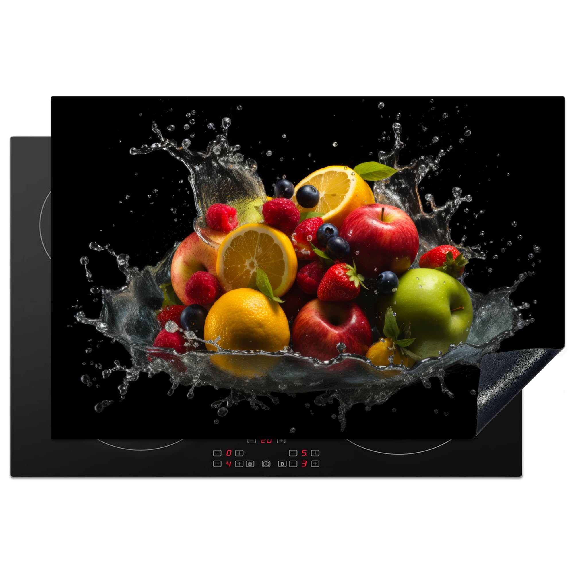 KitchenYeah© Herdabdeckplatte Einteilig Herdabdeckung Abdeckplatte für Ceranfeld Abdeckung Induktionskochfeld Aufrollbare Matte Obst - Apfel - Orange - Rot - Wasser - 77x51 cm