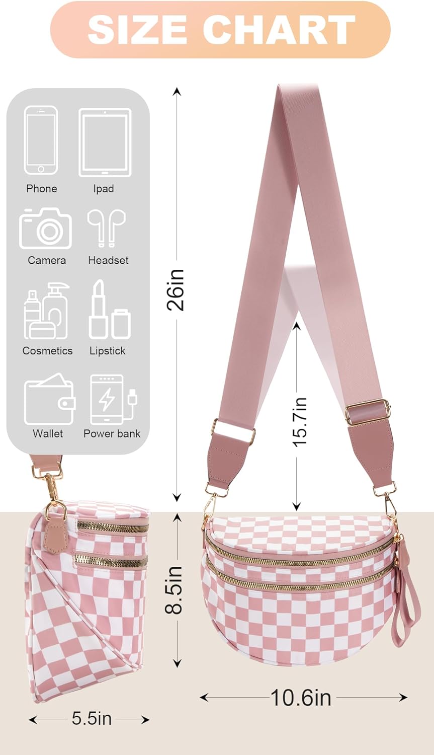 Checkered Crossbody Bag Large Nylon Bum Bags for Women Spacious Belt Bag Sling Handbags Waterproof Purses Fanny Packs - Image 5