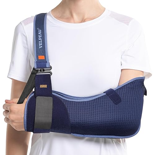 VELPEAU Arm Sling Shoulder Immobilizer for Women and Men, fit Left or Right Arm -Rotator Cuff Support Brace -Medical Sling for Shoulder, Clavicle, Elbow Injury (Breathable type, Medium: Bust 29.5″-33.5″)