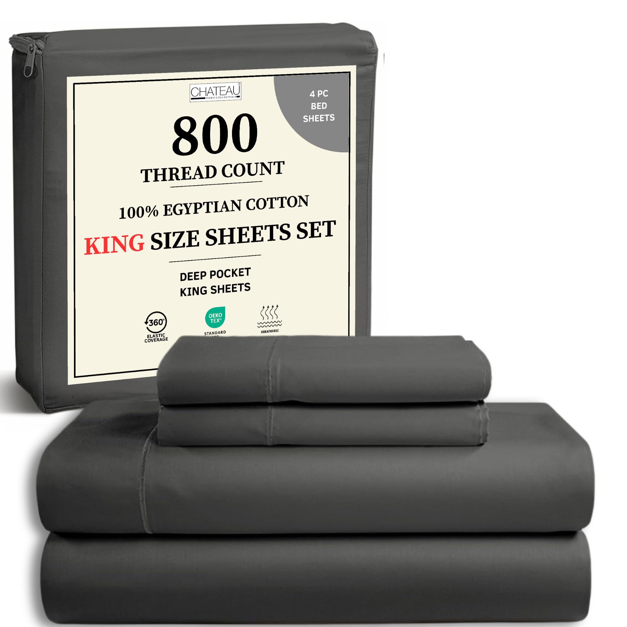 CHATEAU HOME COLLECTION 100% Egyptian Cotton Sheets King Size, 800 Thread Count Charcoal 4 Piece Sheet Set, Deep Pocket Cotton Bed Sheets, King Size Sheets Set
