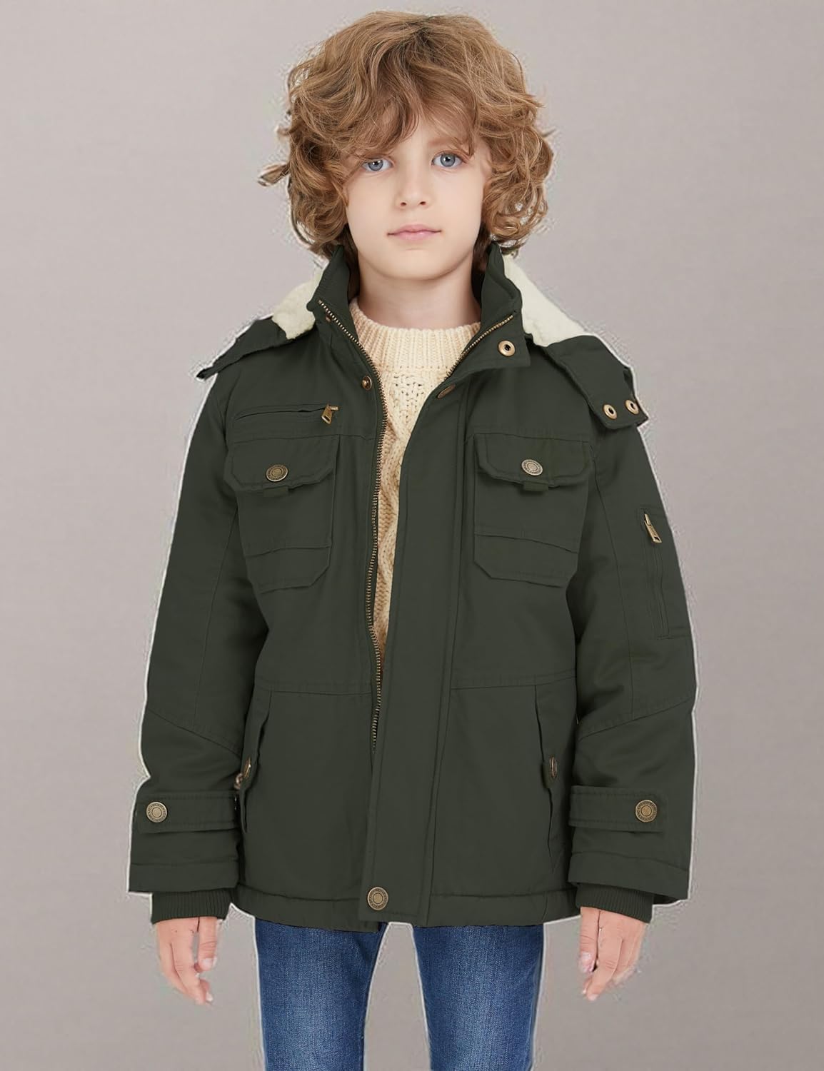 WenVen Boy's Winter Sherpa Jacket Heavy Twill Cotton Military Coat with Hood - Image 7