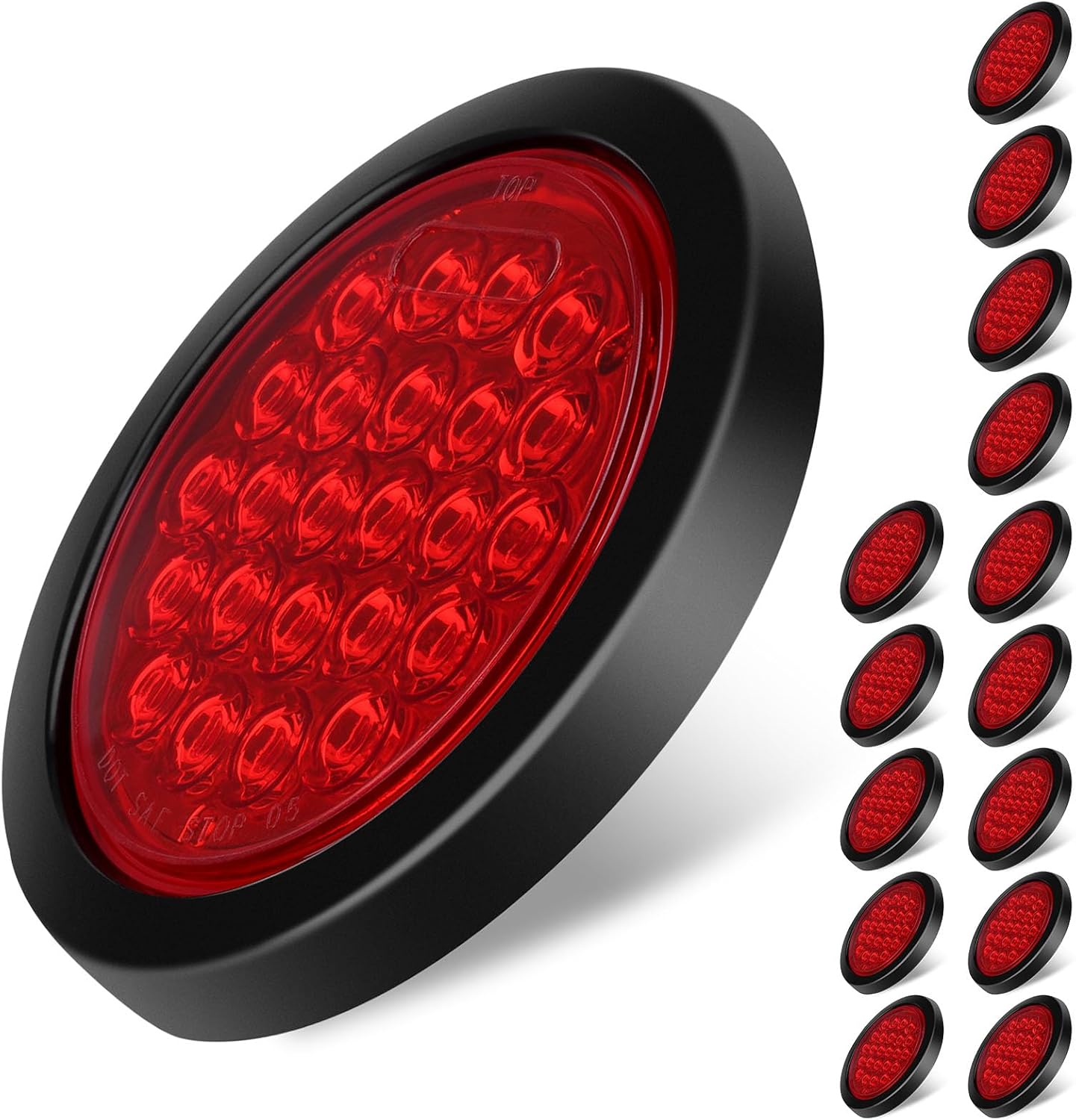 LBRSR 15X 4 Inch Round Led Trailer Tail Lights Red 24 LED Stop Turn/Brake Tail Marker Lights with Rubber Gaskets Sealed Flush Mount for Truck Trailer RV Boat