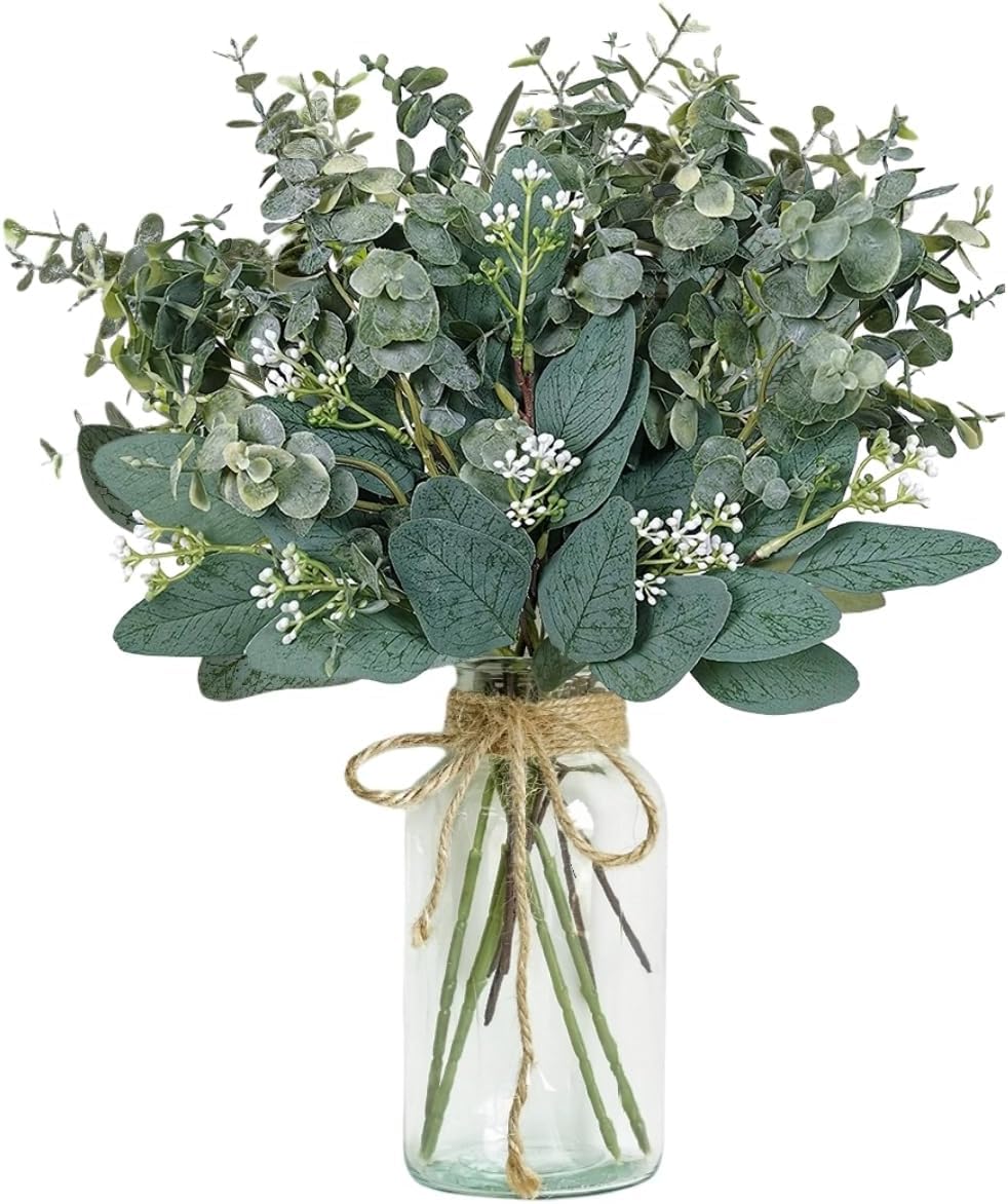 Tiges d'eucalyptus artificielles avec vase pour bouquet de fleurs synthetiques