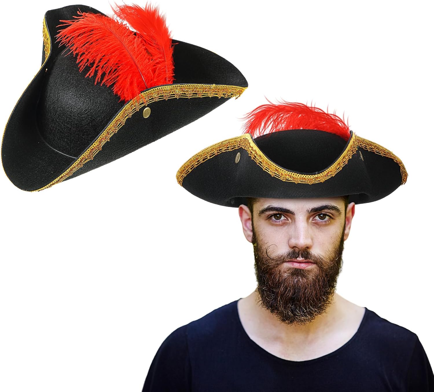 Liitrsh Tricorn Pirate Hat with Feather 15 x 15 x 3.9 Inch Colonial Tricorn Hat Adult Revolutionary Renaissance