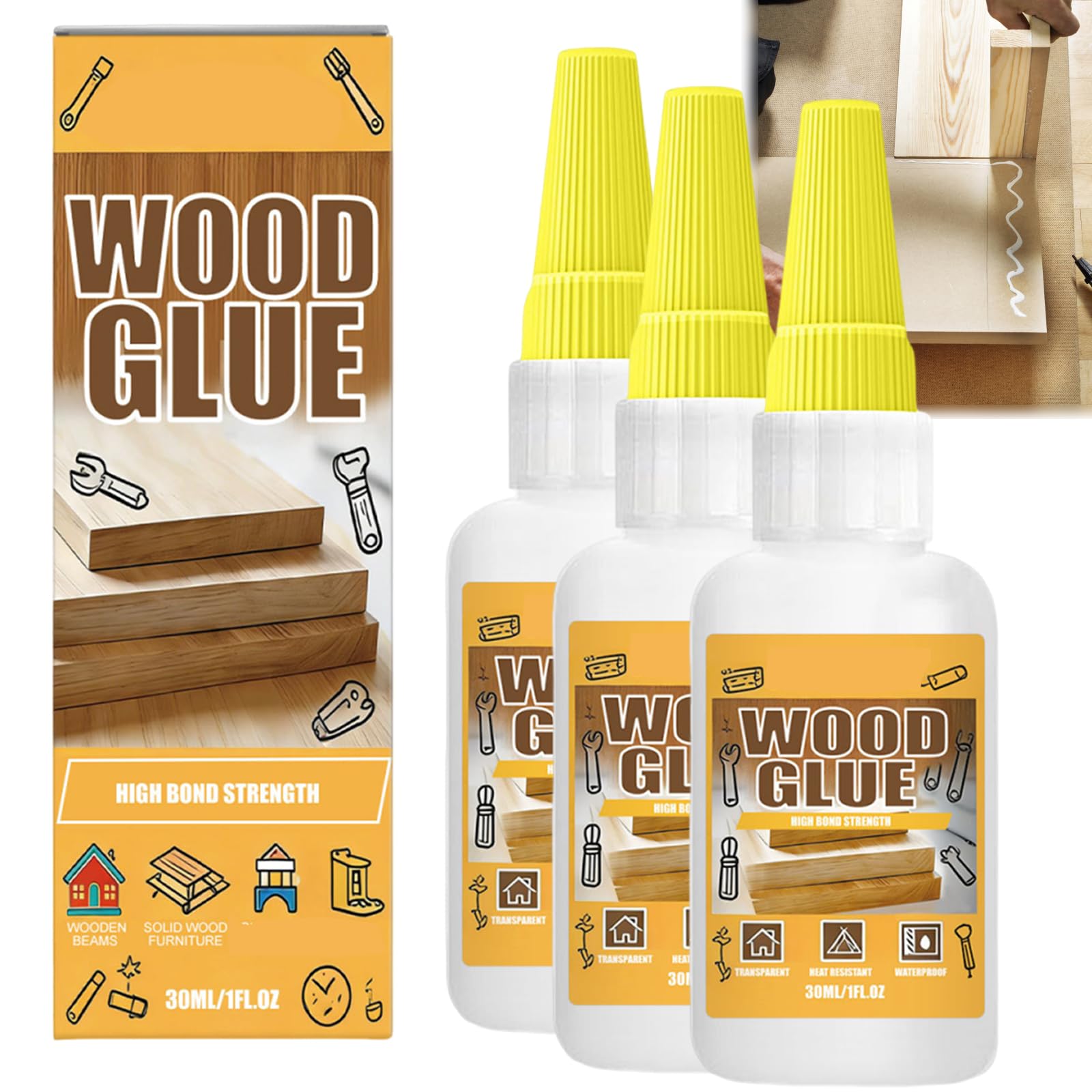 Colle à bois forte 30 ml, colle fermement le bois, séchage rapide et prise initiale, facile à utiliser, adhérence longue durée(3PC)