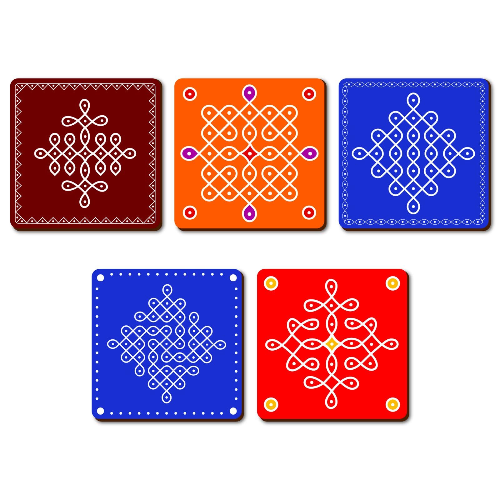 The Crafthives Wooden Tea Coasters, Kolam Rangoli Design, UV Printed, Set of 5, Vivid Print-image-15