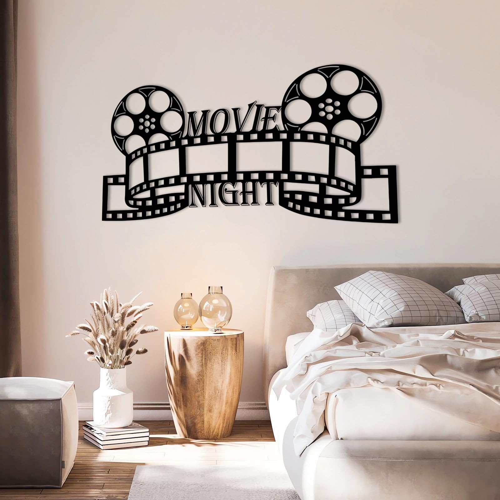Metalowa czarna sztuka ścienna do kina, metalowa noc filmowa, dekoracja ścienna dla miłośników kina, nowoczesna rzeźba do salonu, sypialni, korytarza i schodów, wystrój domu w stylu natura
