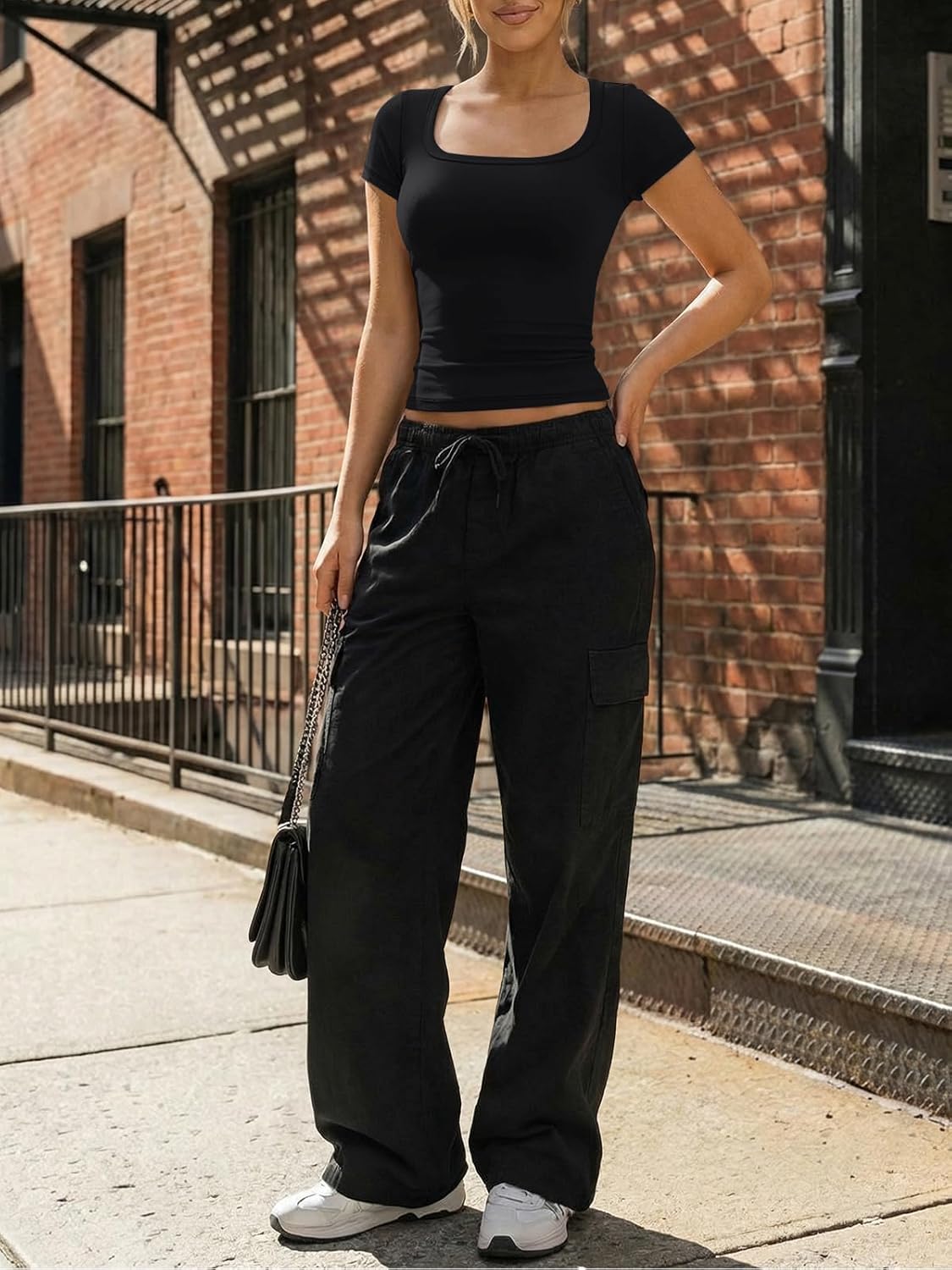 Trendy Queen Womens Short Sleeve Square Neck Basic T Shirts Slim Fit Crop Y2k Tee - Image 5