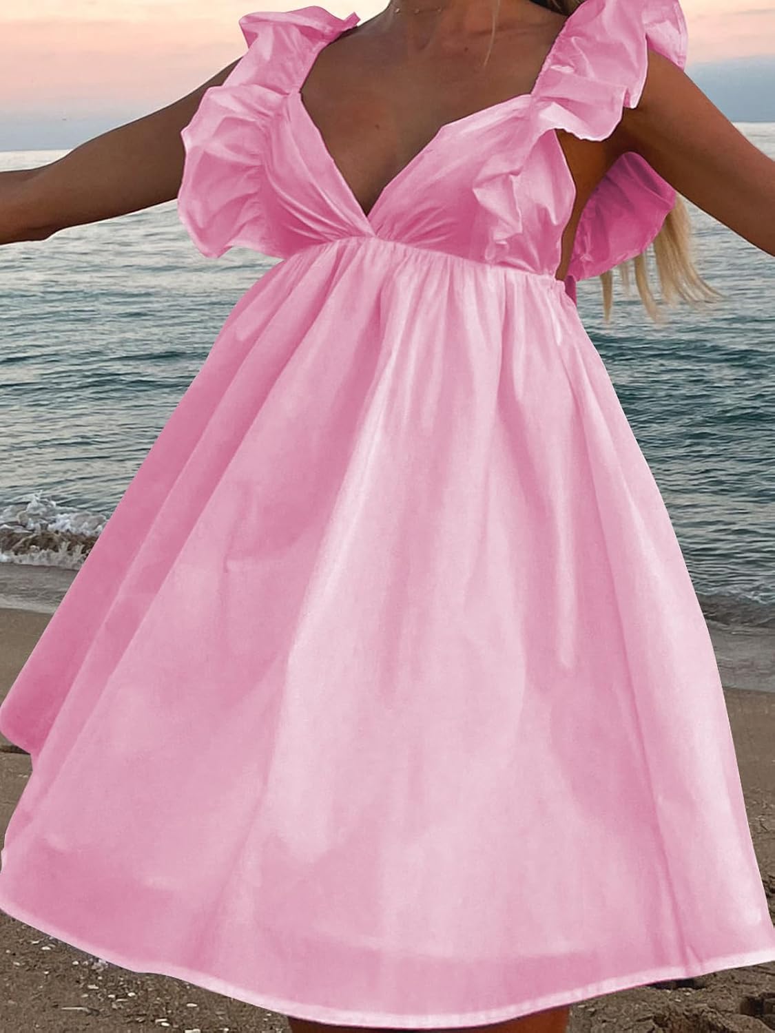 Zebaexf Womens Spring Summer V Neck Knot Back Causal Strap Short Flowy Swing Mini Dress - Image 6