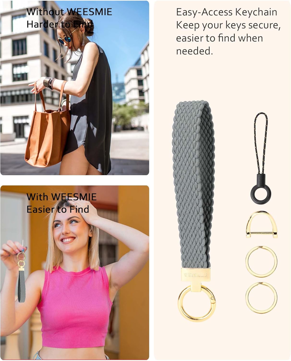 Keychain Wristlet, Stretchy Key Chain for Car Keys with 2 Keyrings and D ring, Cute Wrist Lanyard for Women Men - Image 2