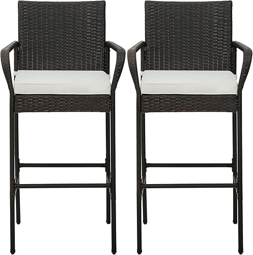 HAPPYGRILL Juego de 2 taburetes de bar de mimbre, sillas de bar con reposabrazos, reposapiés, cojines de asiento, taburetes de bar con respaldo alto