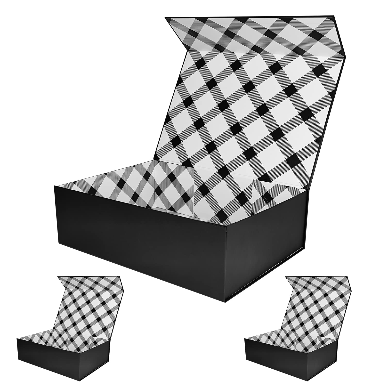 Tekhoho3 Pack Black Large Gift Box 33x23.7x10 cm, Premium Present Box with Magnetic Lid for Holidays Wedding Birthday Gift Packaging, Plaid Lining
