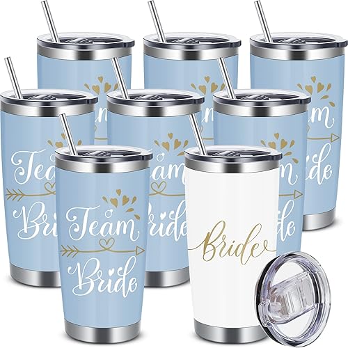 8 vasos para fiesta de dama de honor con tapa y popote de 20 onzas, vaso aislado de acero inoxidable, vaso para vino champán, regalo de propuesta de