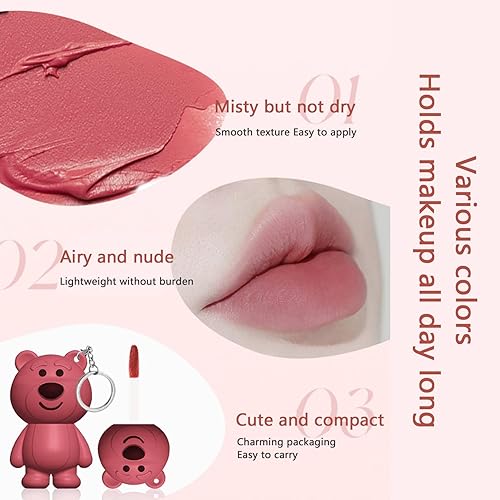 Miniatura 8 de Chpbolly Labiales 2 en 1 con llavero de oso, 4 colores, lindo oso de terciopelo, mate, juego de barro para labios, hidratante de larga duración,