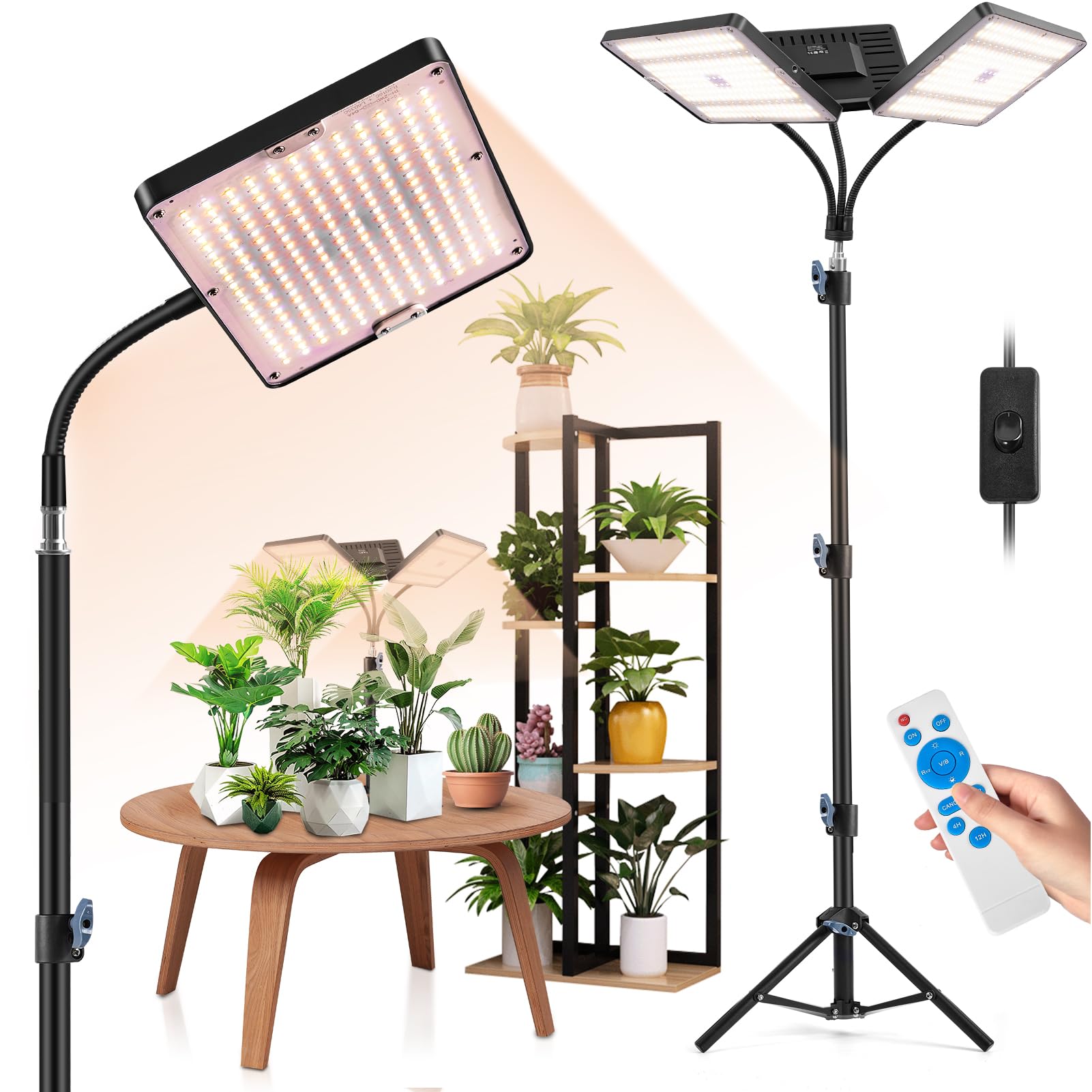 Pflanzenlampe LED Vollspektrum mit 16"-63" Einstellbar Ständer, Doppelkopf 738 LEDs Grow Lampe mit Timer & 10 Helligkeiten, Pflanzenlicht für Blüte Gemüse bonsai & Zimmerpflanzen, 360°-Schwanenhals