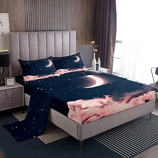 Homewish Starry Sky Bed Sheet Set Kids Stars and Moon Sheets Set 4pc Pink Clouds Microfiber Soft Bedding Set,1 Flat Sheet,1 Deep Pocket Fitted Sheet,2 Pillow Casesï¼ˆKing Sizeï¼‰