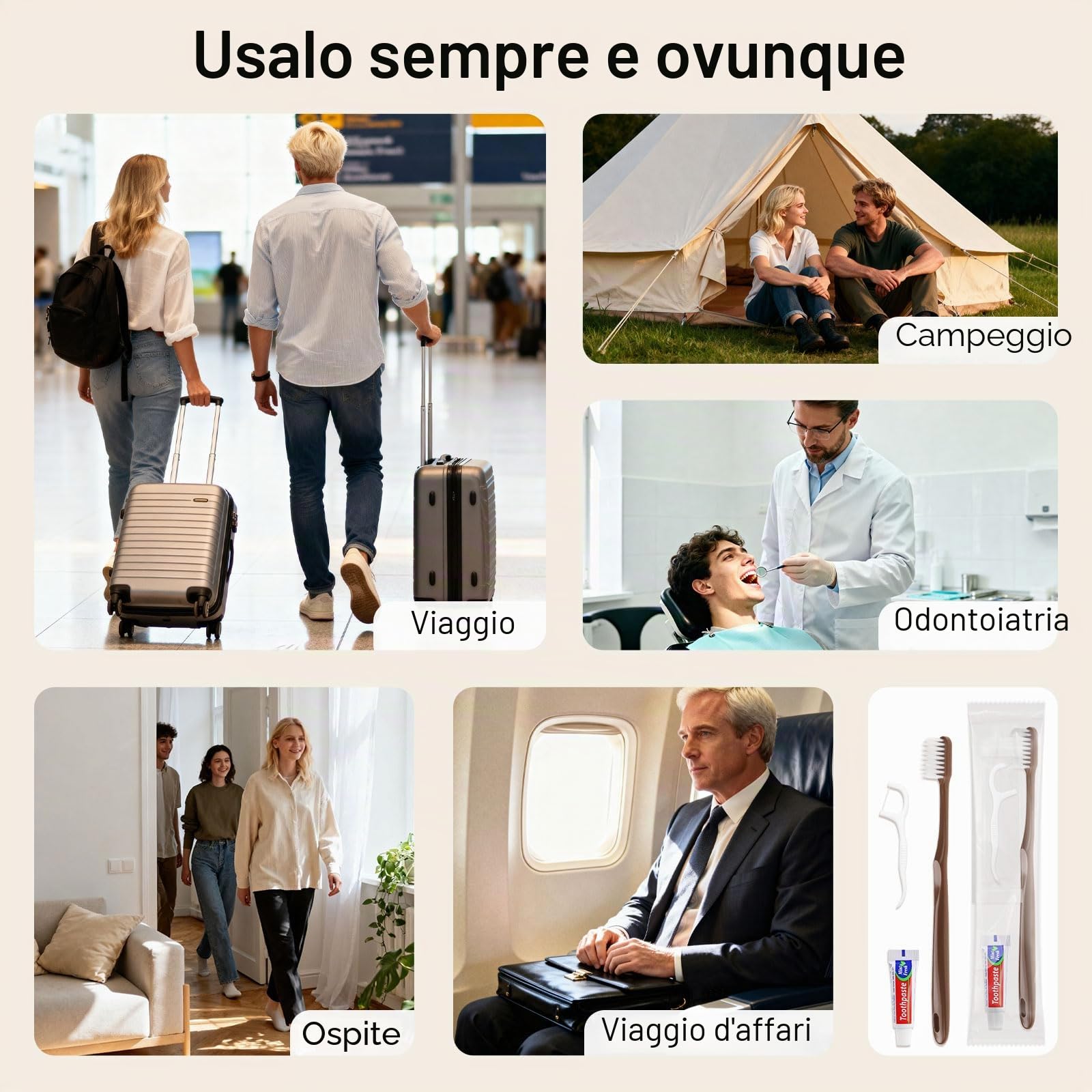 Spazzolino da denti usa e getta da viaggio, spazzolino e dentifricio, confezionato singolarmente, marrone, con plettri per filo interdentale, adatto per hotel, casa, campeggio, viaggi (confezione da