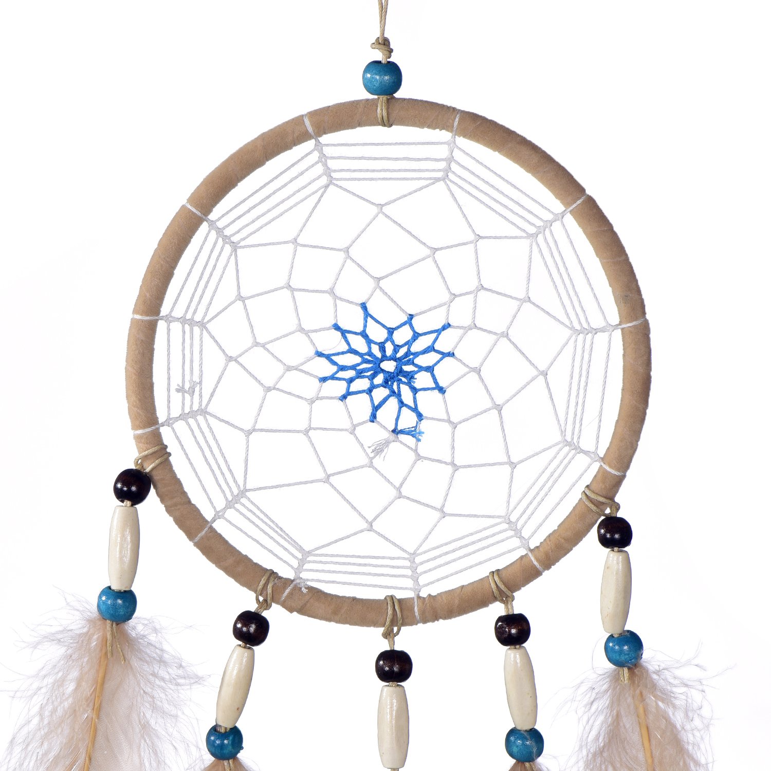 DonDon Attrape-rêves Dreamcatcher avec Perles et Vraies Plumes Châtain Clair Ø 14 cm