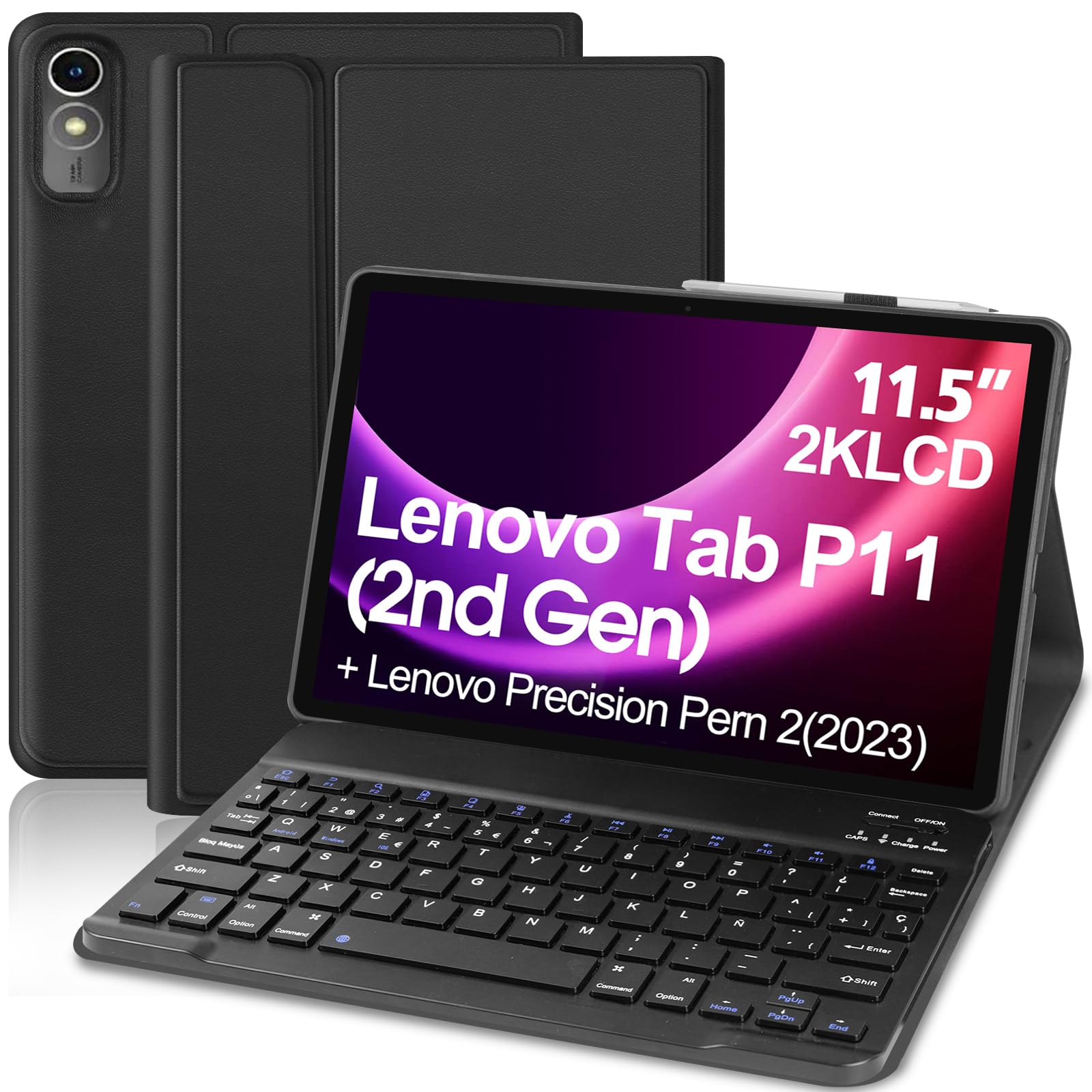 Funda con Teclado para Lenovo Tab P11 2nd Gen 11.5" Teclado Español Ñ Bluetooth Inalámbrico Desmontable con Funda Protectora Delgada para Tablet Lenovo Tab P11 de 2ª Generación TB-350FU/TB-350XU Negro