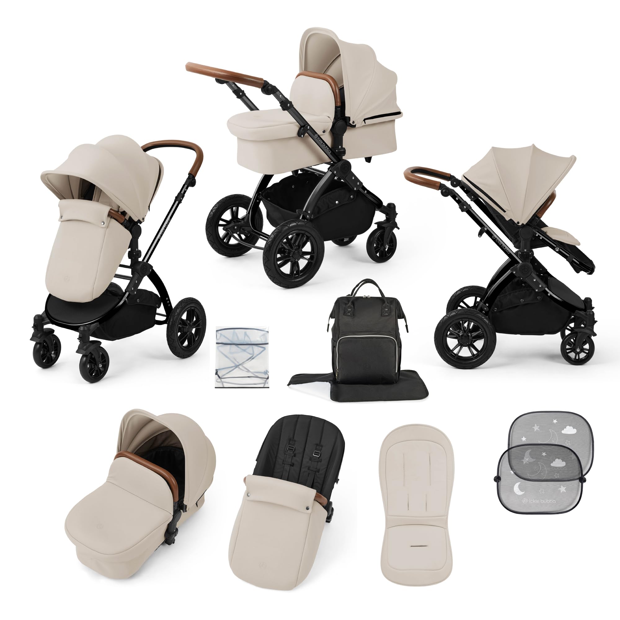 Ickle Bubba Stomp Luxe Poussette tout terrain 2 en 1 pliable avec housse de pluie, chancelière, tablier et pare-soleil avec roues anti-crevaison (châssis noir, pierre/brun clair)