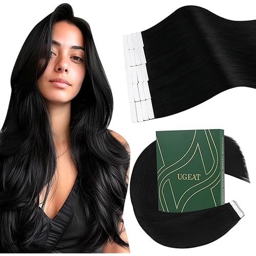 Ugeat 14Inch Black Tape in Hair Extensions Human Hair Jet Black Hair Extensions Tape in Human Hair for Girl Straight Short Invisible 20Pcs 50G