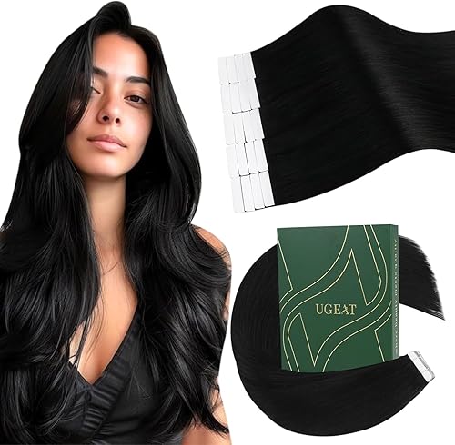 Ugeat Extensiones de cabello humano con cinta invisible de color negro azabache, extensiones de cabello humano para cabello corto y lacio, 12