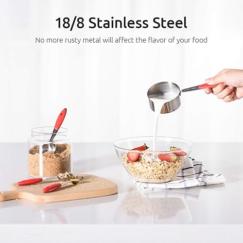 Miniatura 4 de U-Taste Juego de 10 tazas y cucharas medidoras en acero inoxidable 188 y acero inoxidable 188 de 3.9 pulgadas 30 colador de malla (rojo)