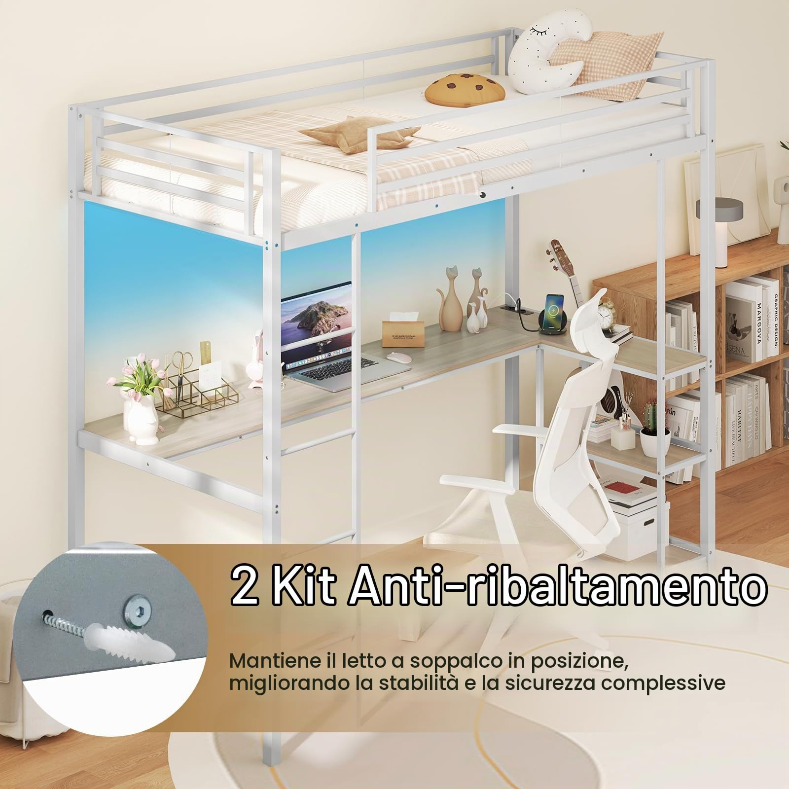 LIFEZEAL Struttura Letto a Soppalco con Scrivania, Luci, Multipresa, Barriere di Sicurezza, 90x200cm, Letto a Castello in Metallo, Rete a Doghe, Remoto Controllo, Illuminazione, Cameretta, Argento