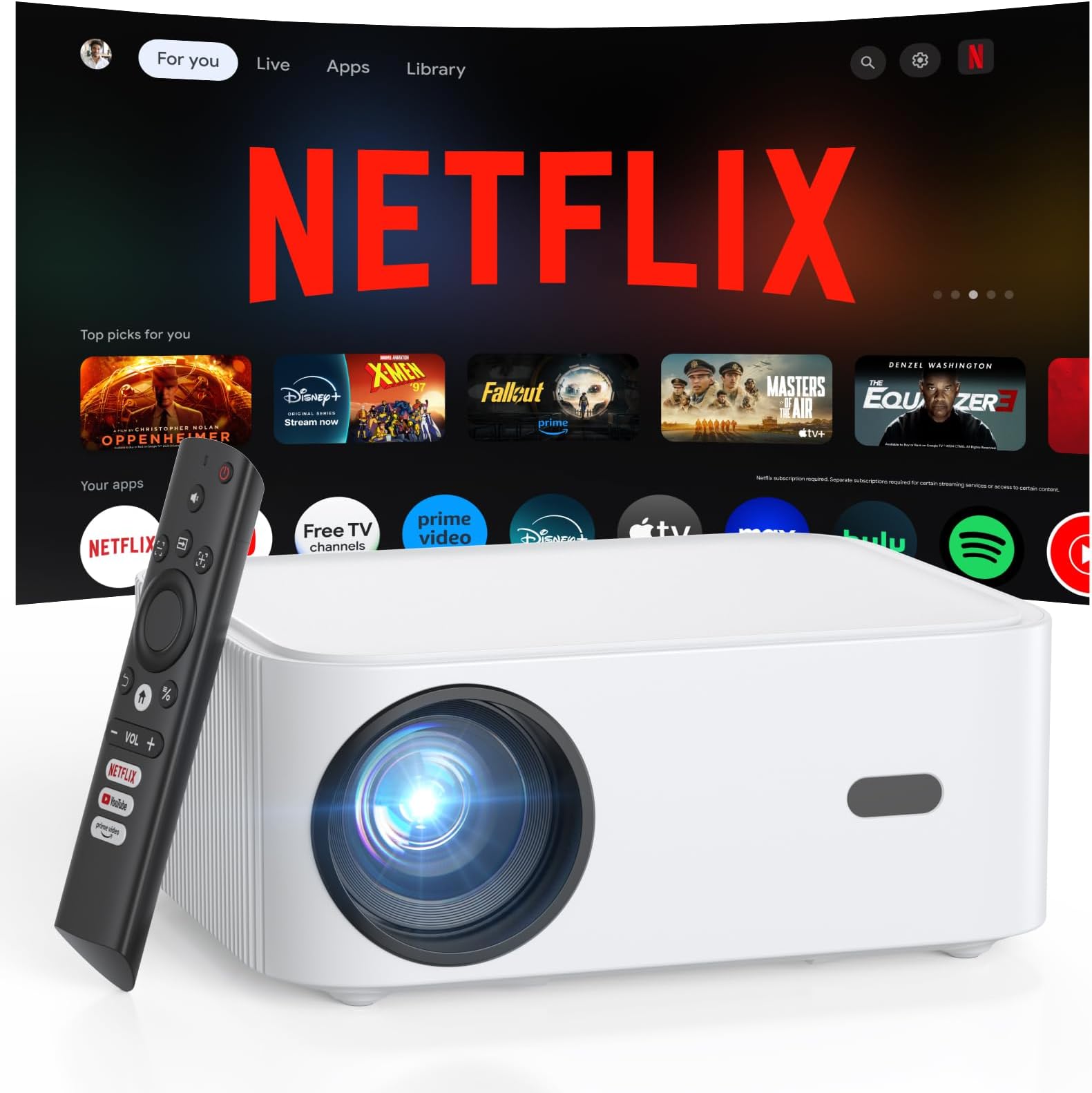 Official Licensed Netflix Smart Projector, HAPPRUN Projector 4K with Wifi and Bluetooth, DoIby Audio, Built-in Apps, Native 1080P 1000ANSI, Electric Focus, Portable Projector for Home Cinema, Bedroom