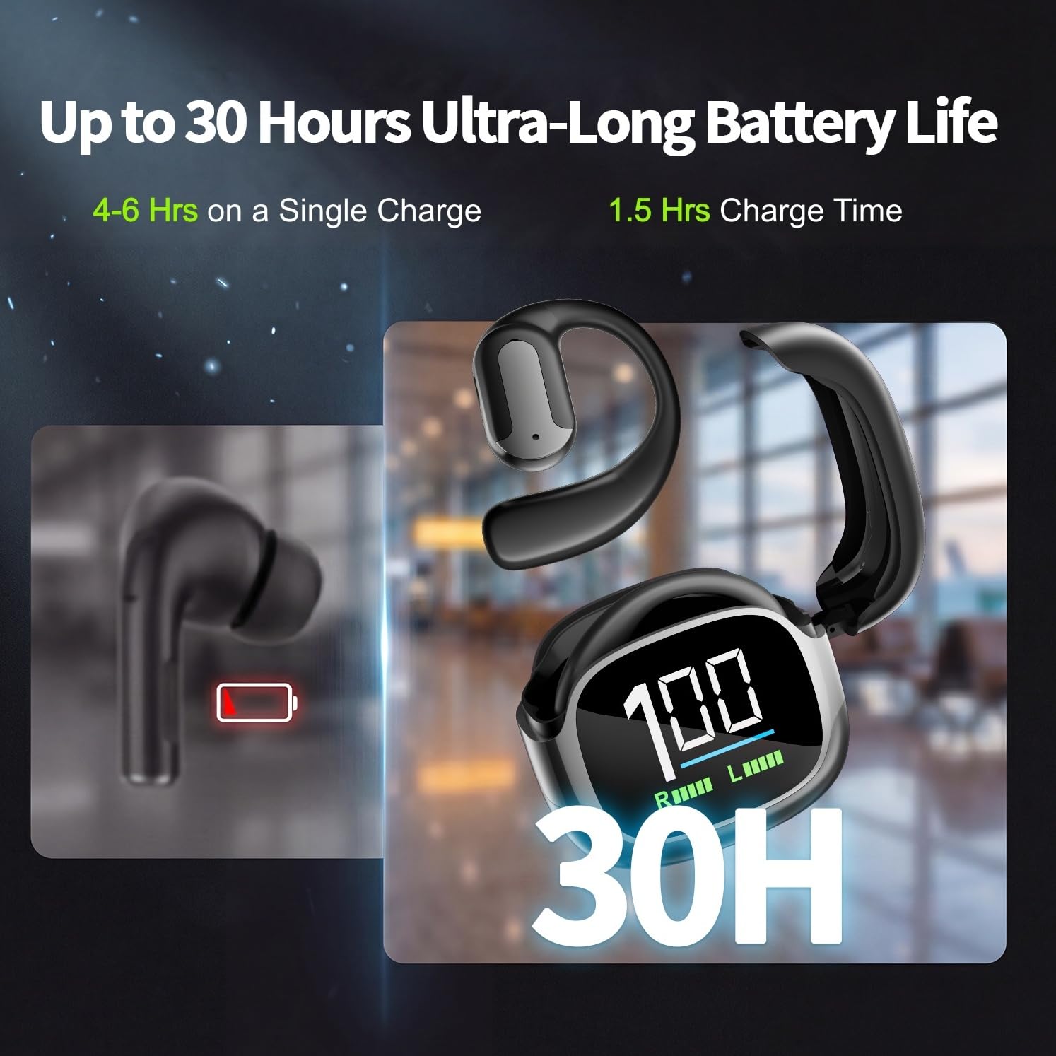MS220 Open-Ear Bluetooth Kopfhörer mit Ohrbügel und ANC, 30 Std. Akkulaufzeit, LED-Farbdisplay, HiFi Stereo Sound, IPX5, leichte Sport Kopfhörer für Laufen, Training und Pendeln (Schwarz)