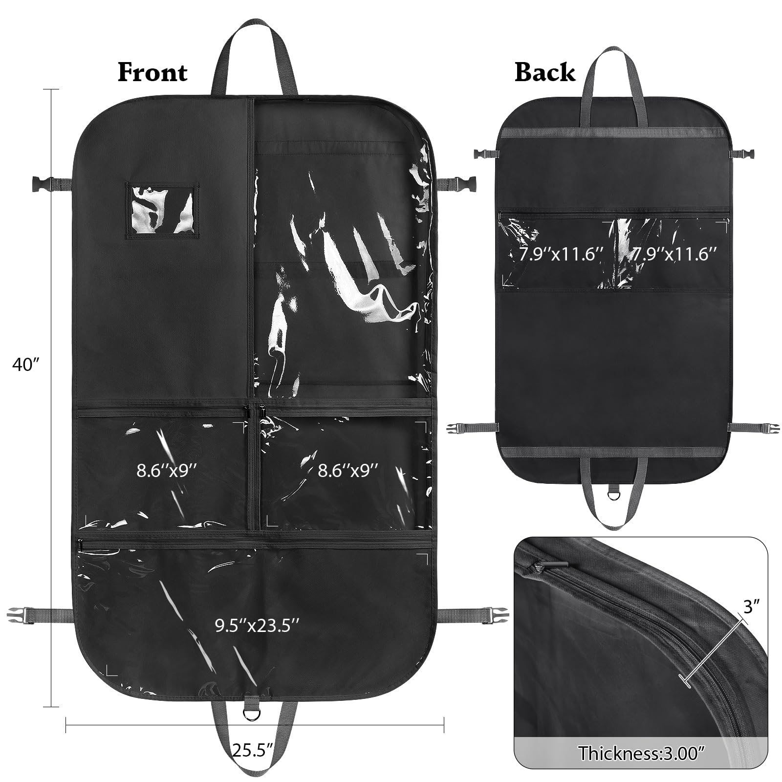 Univivi Bolsas Negras para Disfraz de Baile de 40 Pulgadas, para competiciones de Baile, 3 Bolsillos medianos Transparentes con Cremallera y 2 Bolsillos Traseros con Cremallera, con 1 Colgante, 3