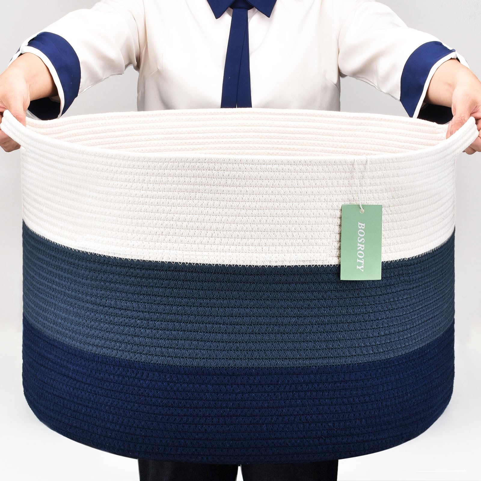 Large Cotton Rope Blanket Basket, 87L Laundry Hamper, White &amp; Blue