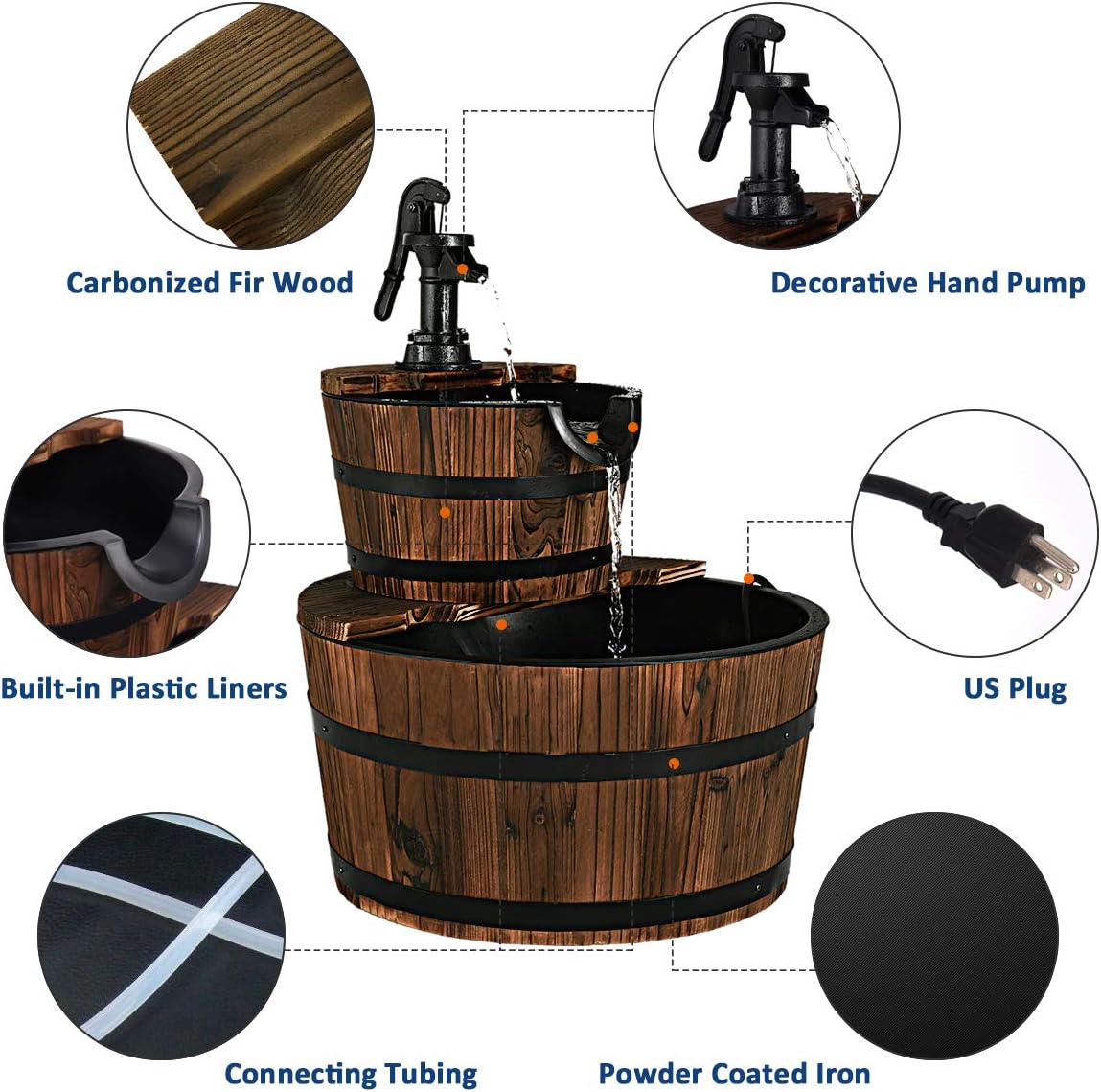 Giantex 2-Tier Barrel Waterfall Fountain Outdoor, Rustic Wood Barrel Cascading Water Fountain with Electric Pump, Outdoor Water Feature with Decorative Hand for Garden Patio Backyard Lawn Porch