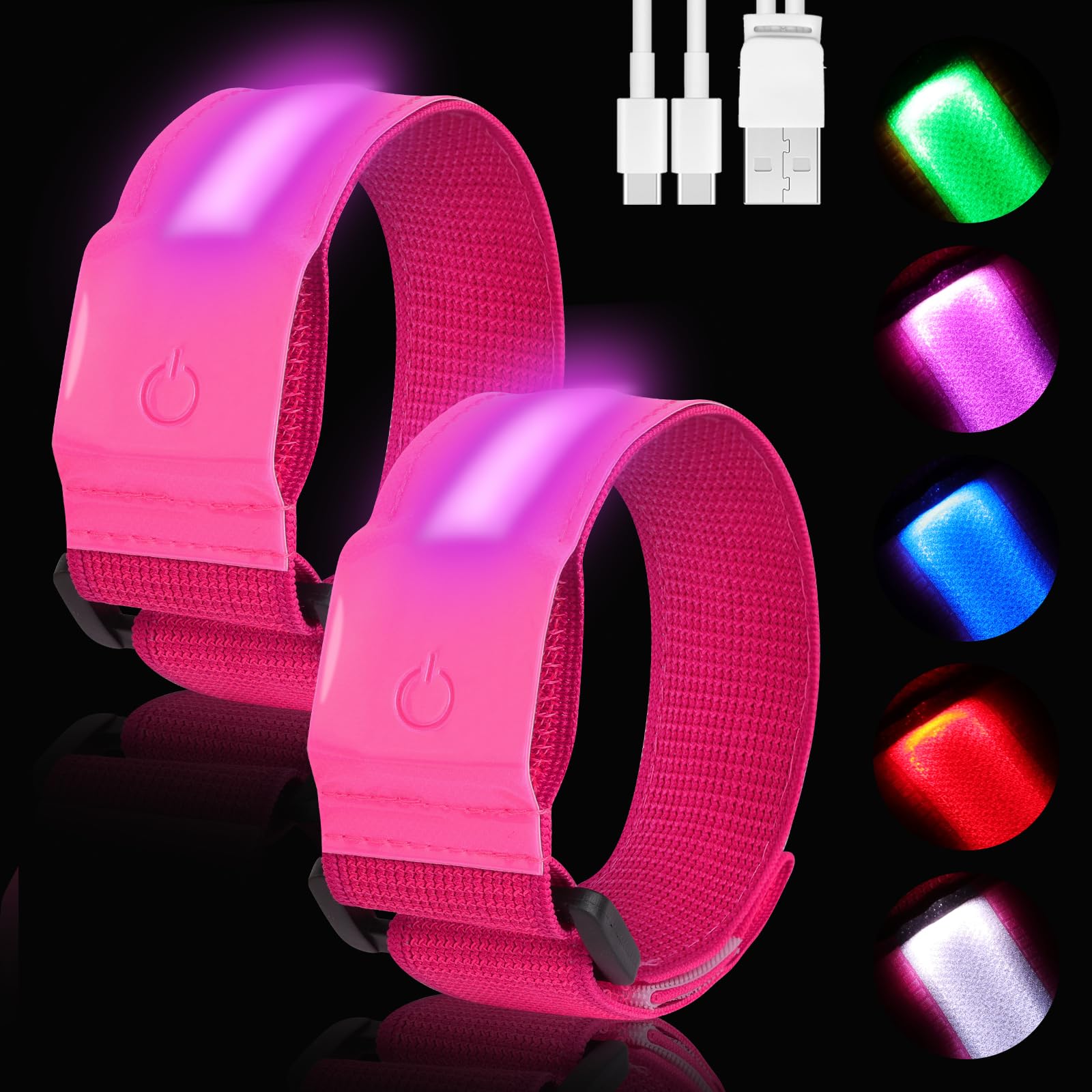 AOOTE LED Armband for Running, 2 Pack USB Rechargeable LEDs Armbands, LED Light Up Armbands with 5 Colors & 3 Lighting Modes, Adjustable Light Up Wristbands for Runners Bikers Joggers Pets, Pink