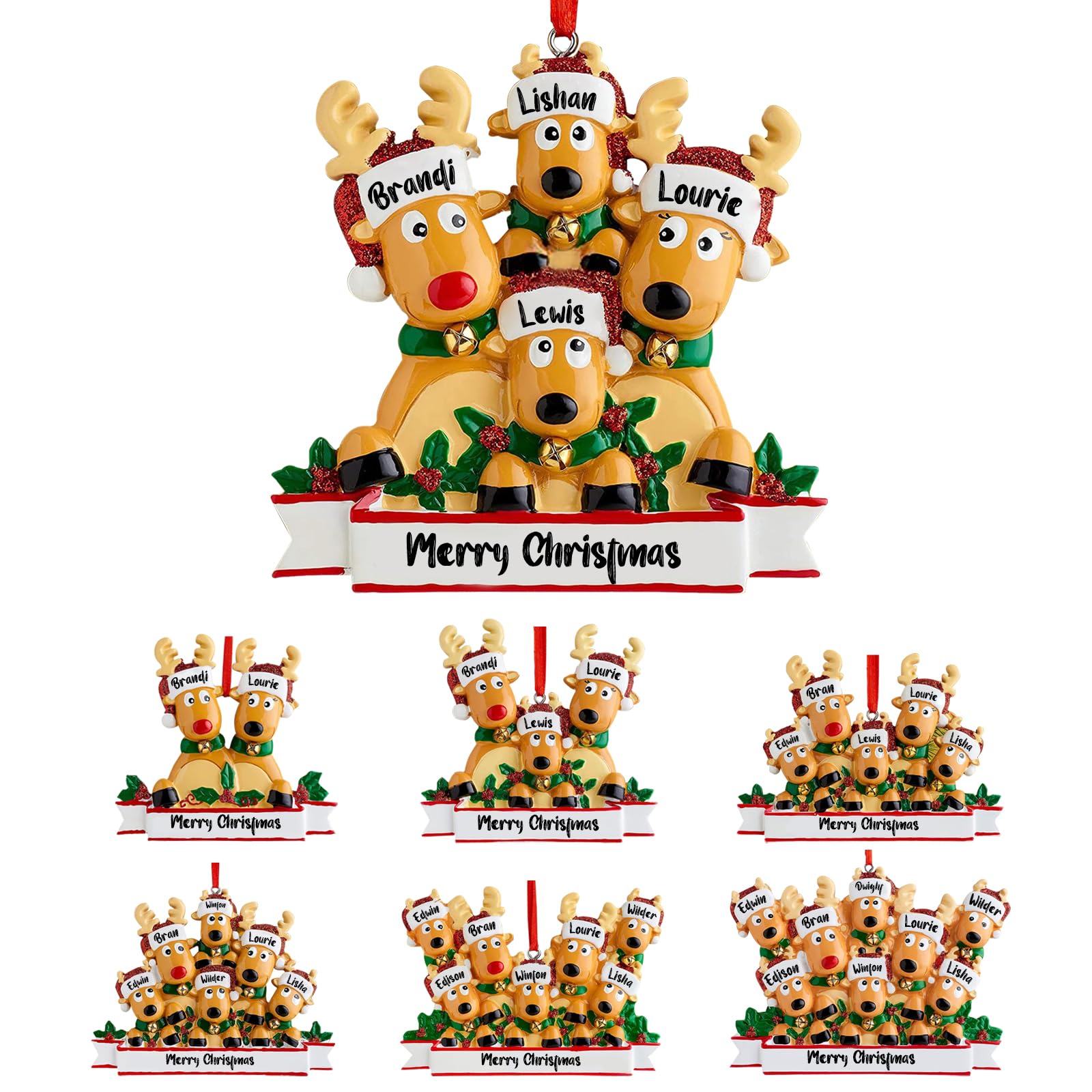 2024 Adorno de Navidad Personalizado de Reno, Familia de 2/3/4/5/6/7/8, Adorno Colgante para árbol de Navidad con Nombres Personalizados, Mejores Familia, Familia de 4