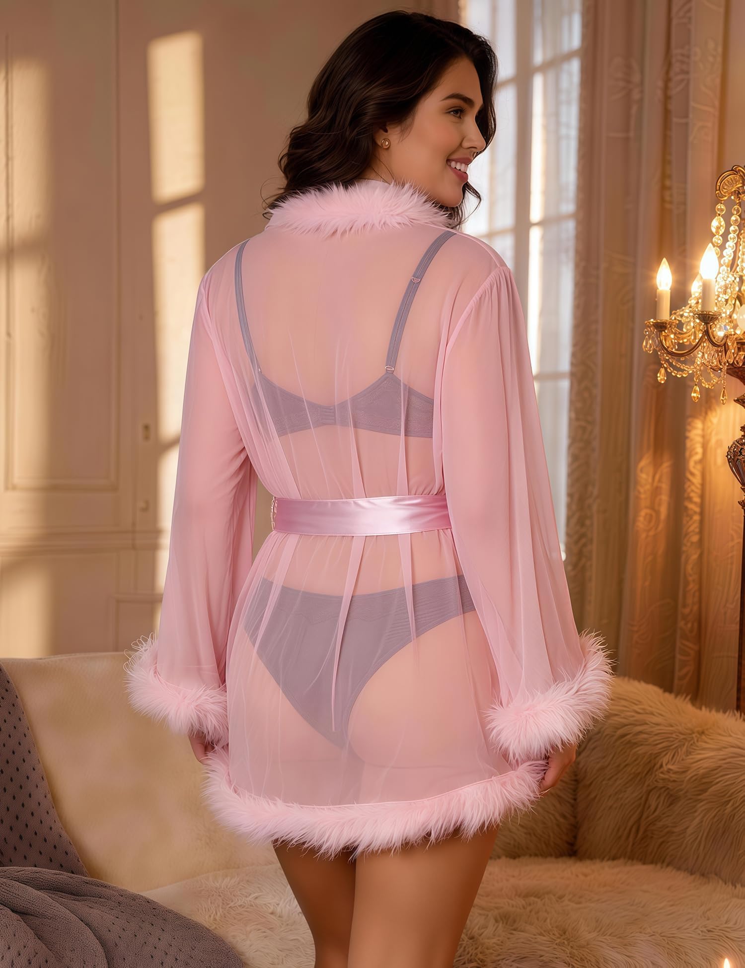 Robe Kimono Sexy Nuisette Courte Femme Transparente Grande Taille Peignoir Sexy Transparent Chemise de Nuit Fausse Fourrure Robe de Chambre Kimono en Tulle Lingerie Hot avec Ceinture